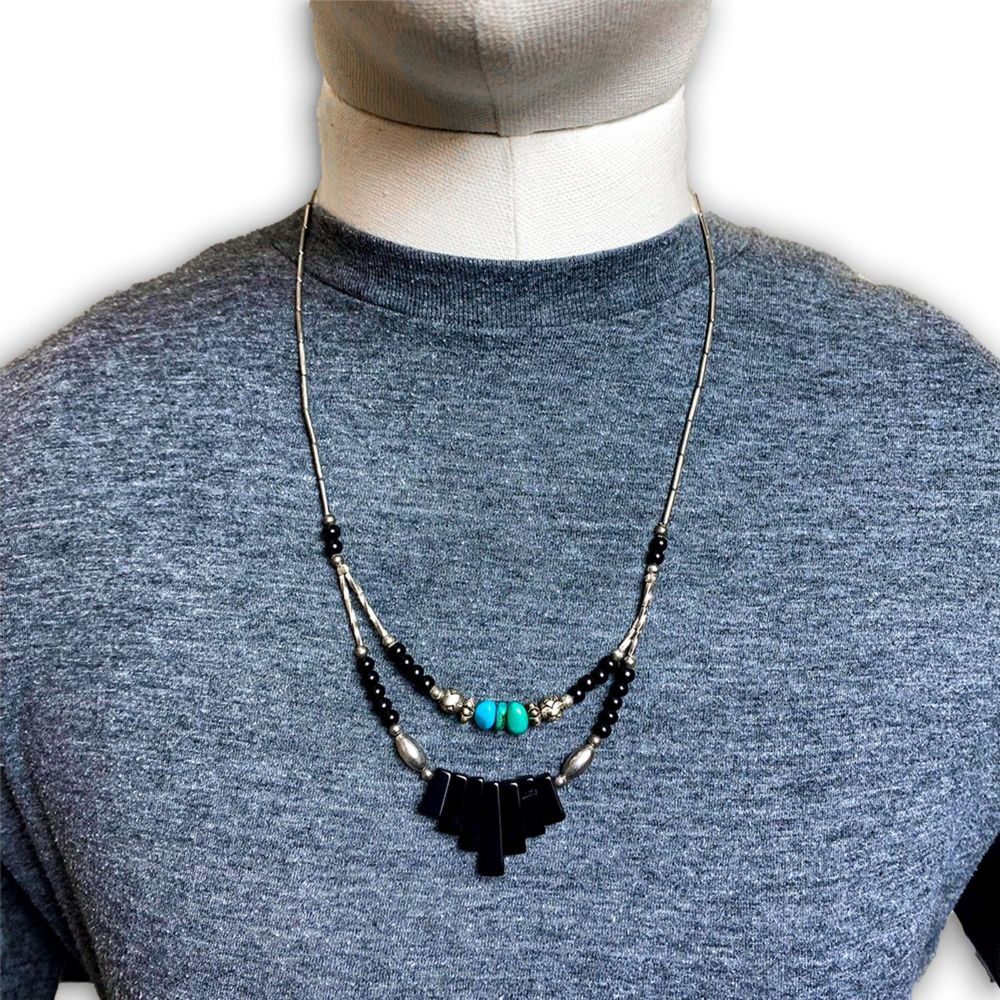 Double Strand Silver Wire, Black & Turquoise Bead Necklace w Glass Stepped Bars